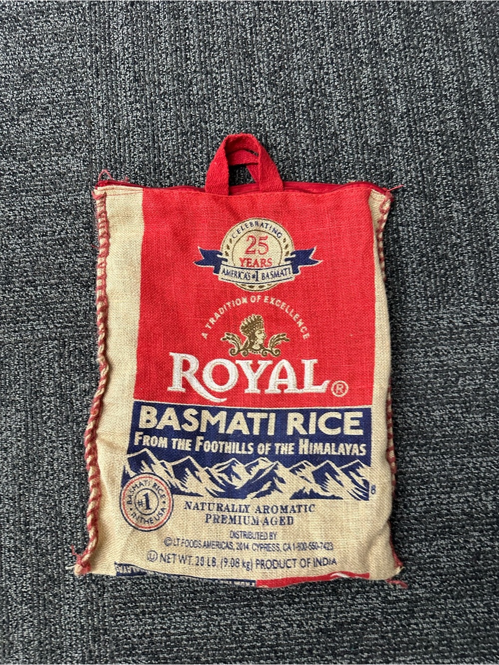 Royal Basmati Rice Bag 20lbs Burlap Handles Zipper Heavy Duty 25th Anniv